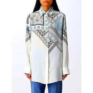 ETRO Pastel Cream Blue Multi Geometric Print Button Collar Silk Blouse  46 / L
